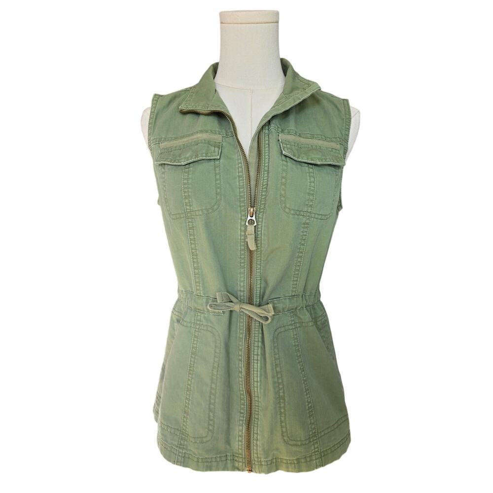 MERONA Olive Zipper Waist-Tie Pocket Collar Vest